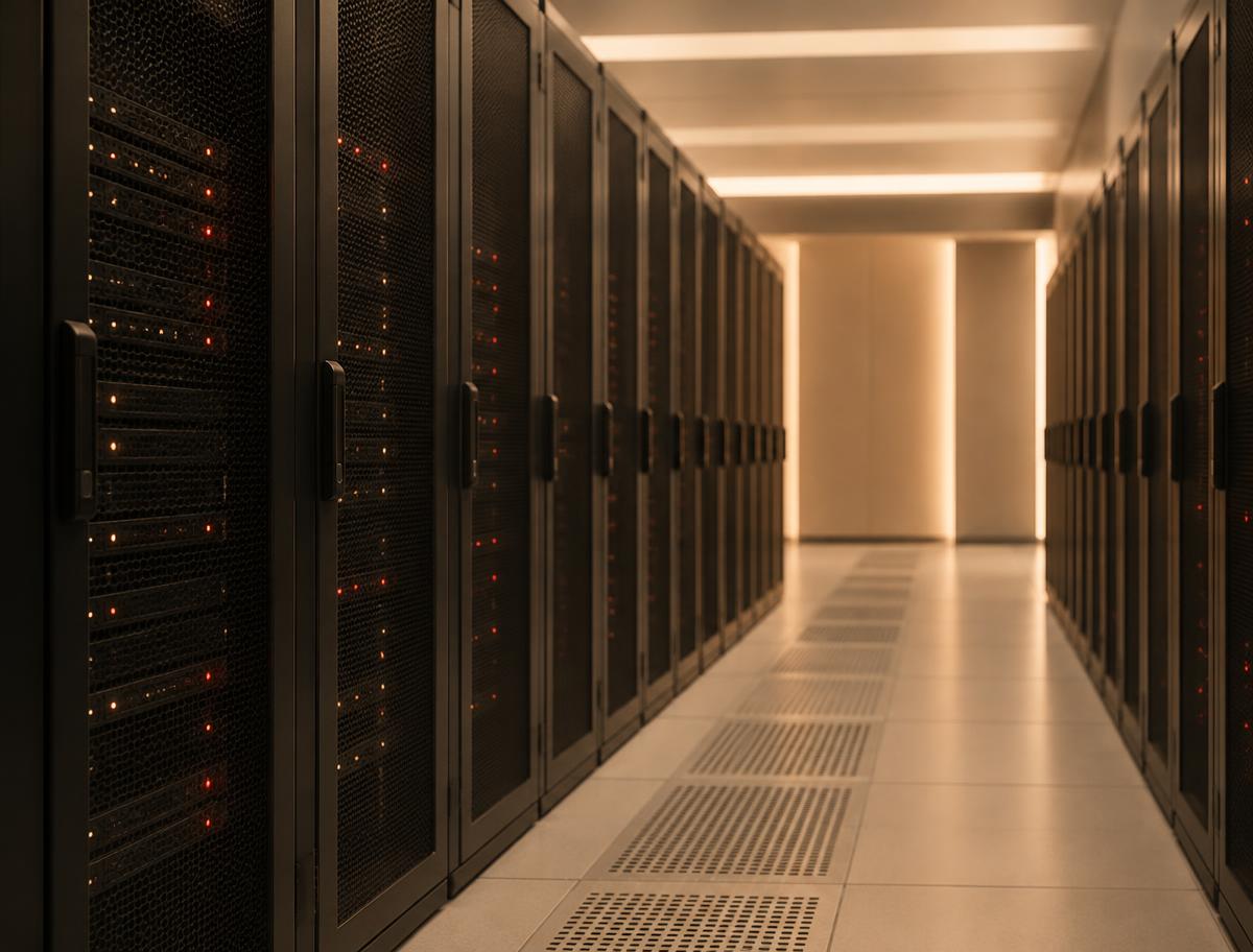 Modern data center corridor with warm lighting