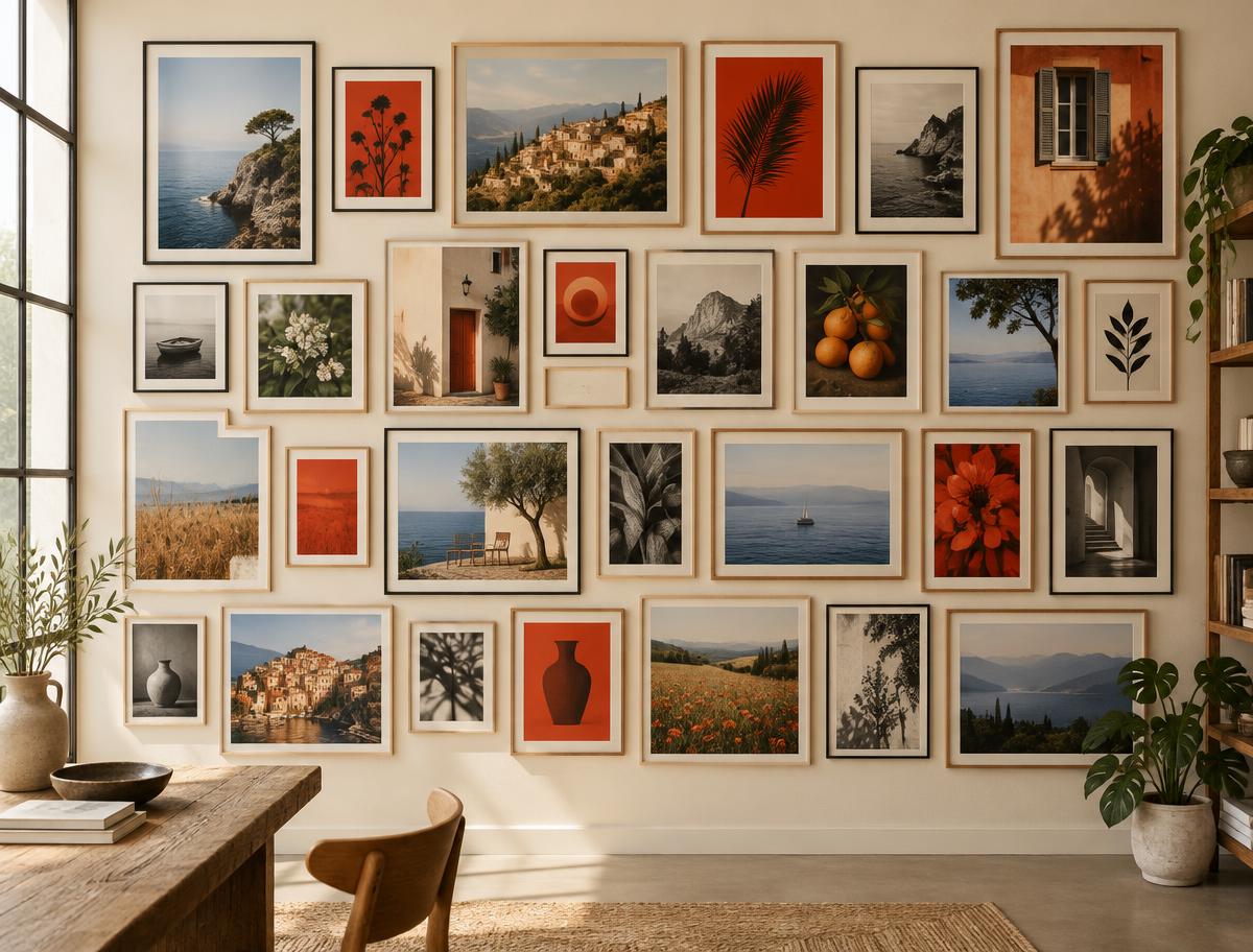 Studio wall covered with framed photographs and art prints